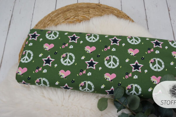 Reststück 55cm Jersey - Herzen/Sterne/Peace (oliv/weiß/dunkelblau/rosa)