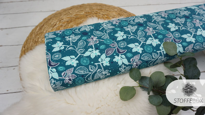 Reststück 70cm Sweat angeraut - Blumen/Blüten (petrol)
