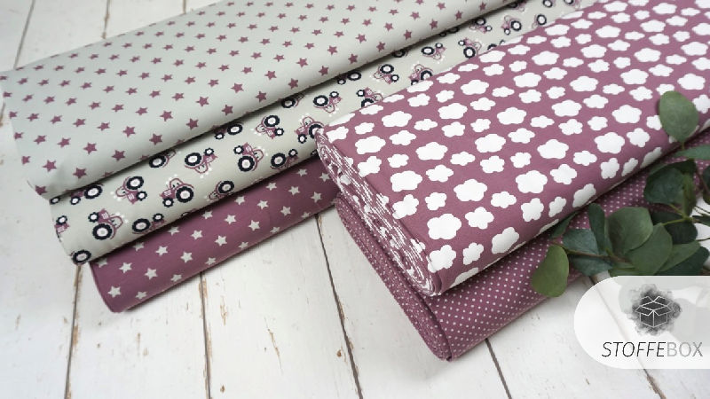 Stoffpaket Jersey - Sterne - mini Punkte - Wolken - Traktoren (aubergine/grau/weiß)