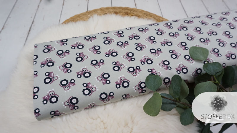 Stoffpaket Jersey - Sterne - mini Punkte - Wolken - Traktoren (aubergine/grau/weiß) – Bild 2