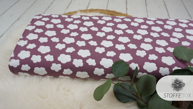 Stoffpaket Jersey - Sterne - mini Punkte - Wolken - Traktoren (aubergine/grau/weiß) – Bild 8
