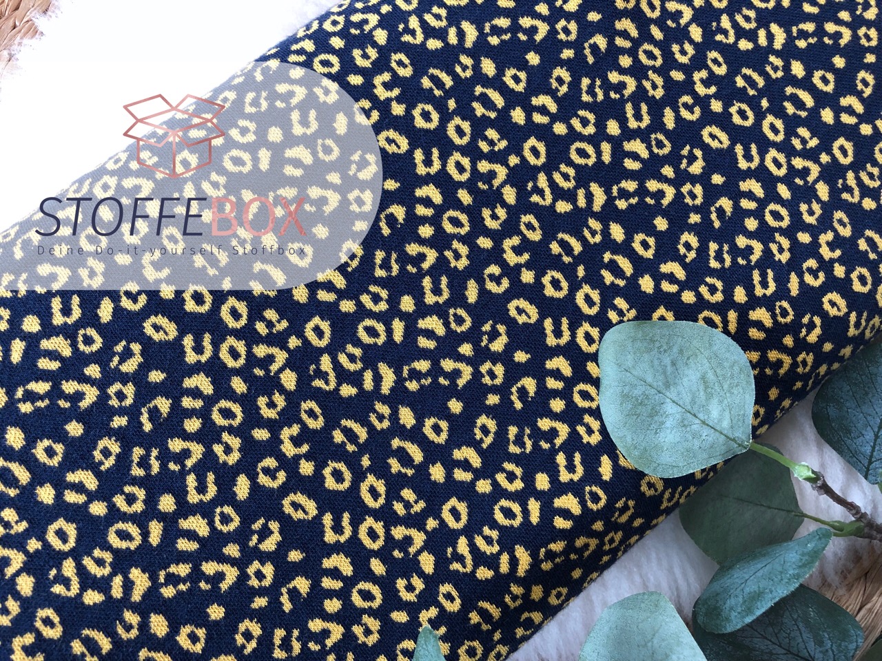 Reststück 70cm Jaquard Öko-Tex-100 - Leopard/Animalprint (nachtblau/senfgelb) – Bild 2