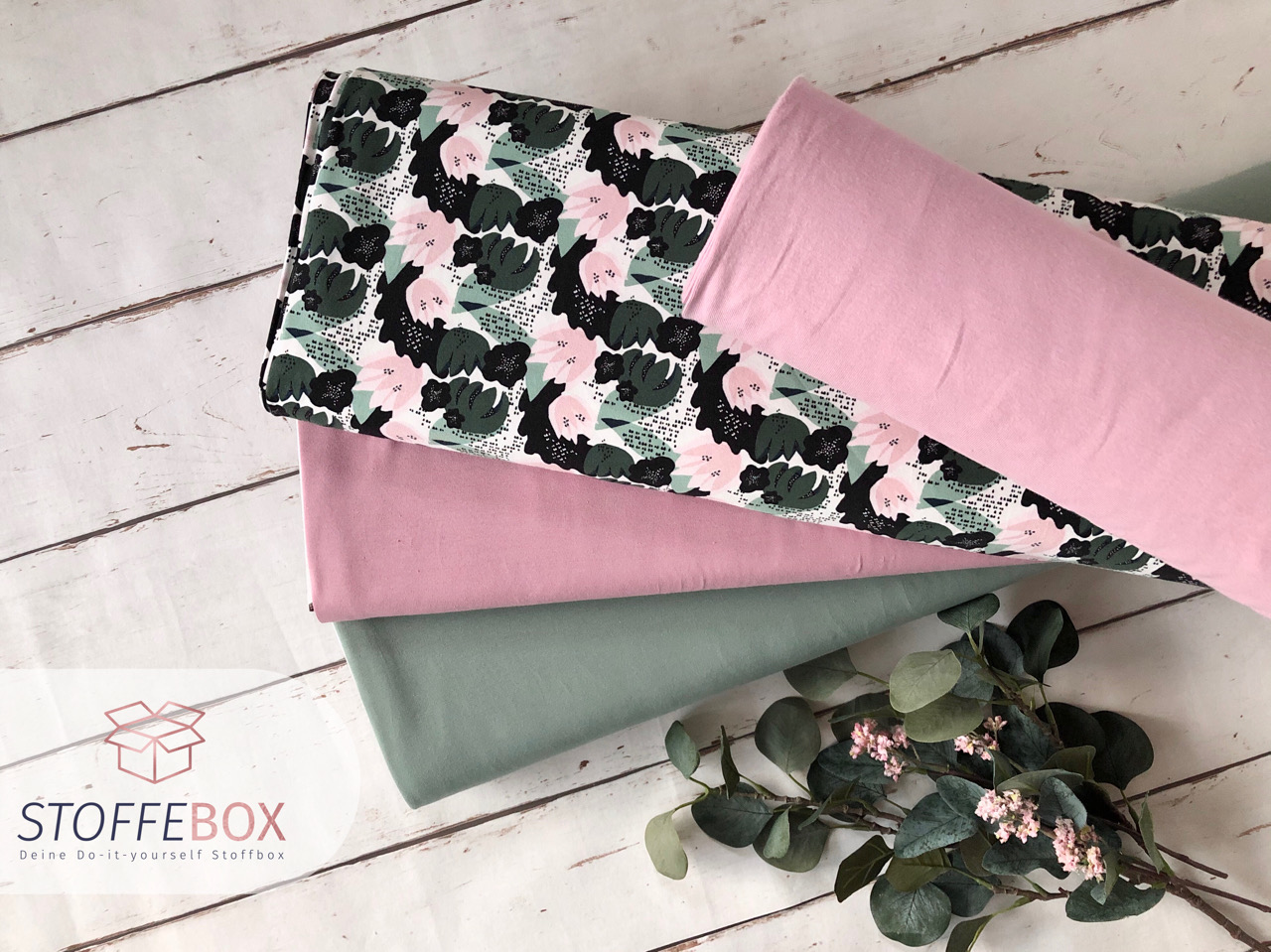 Stoffpaket - Blumen Aquarell - abstrakt (dunkelmint/altrosa)