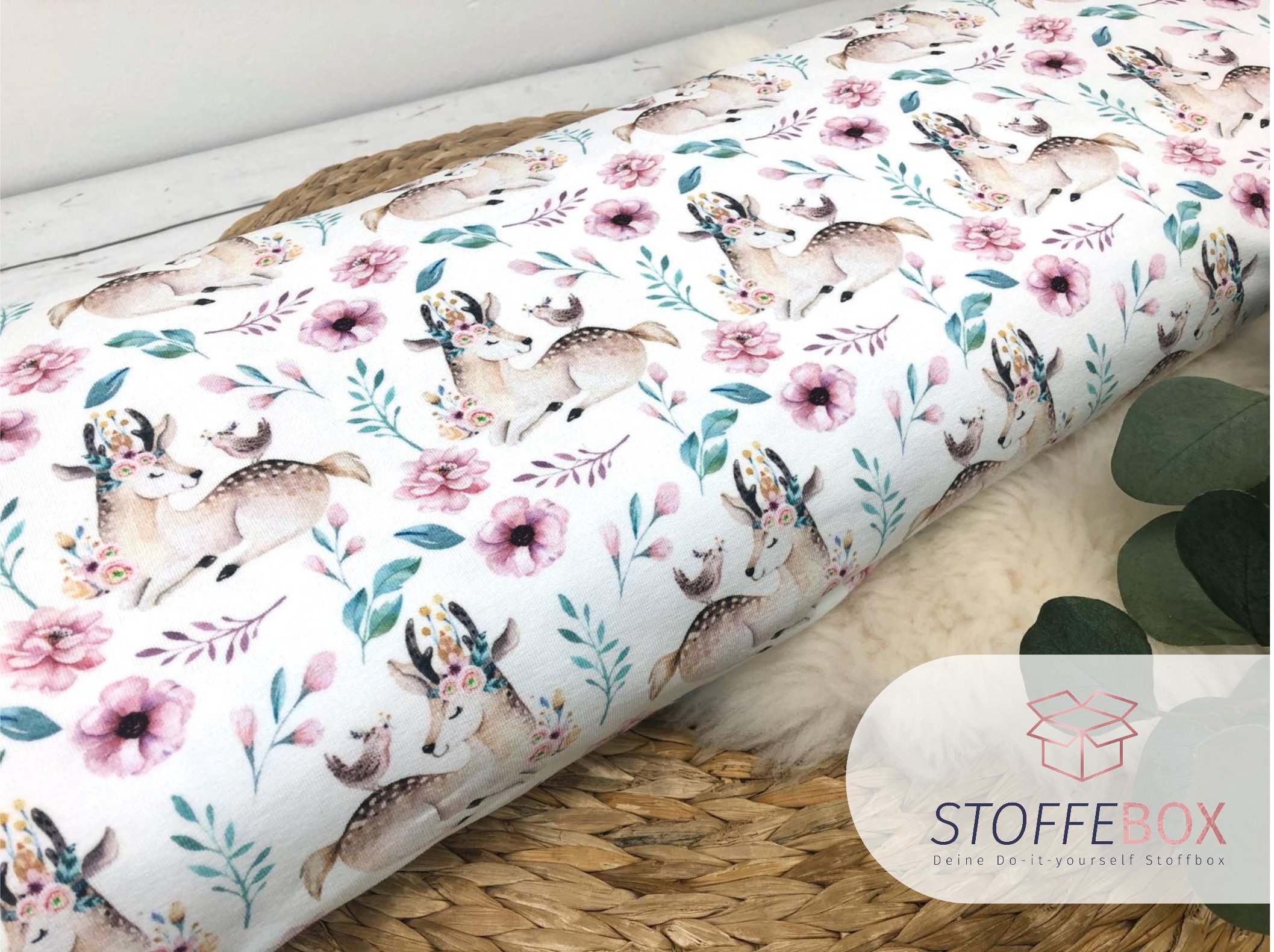 angerauter Sweat Öko-Tex-100 - Rehe Noel/Blumen (weiß) – Bild 2