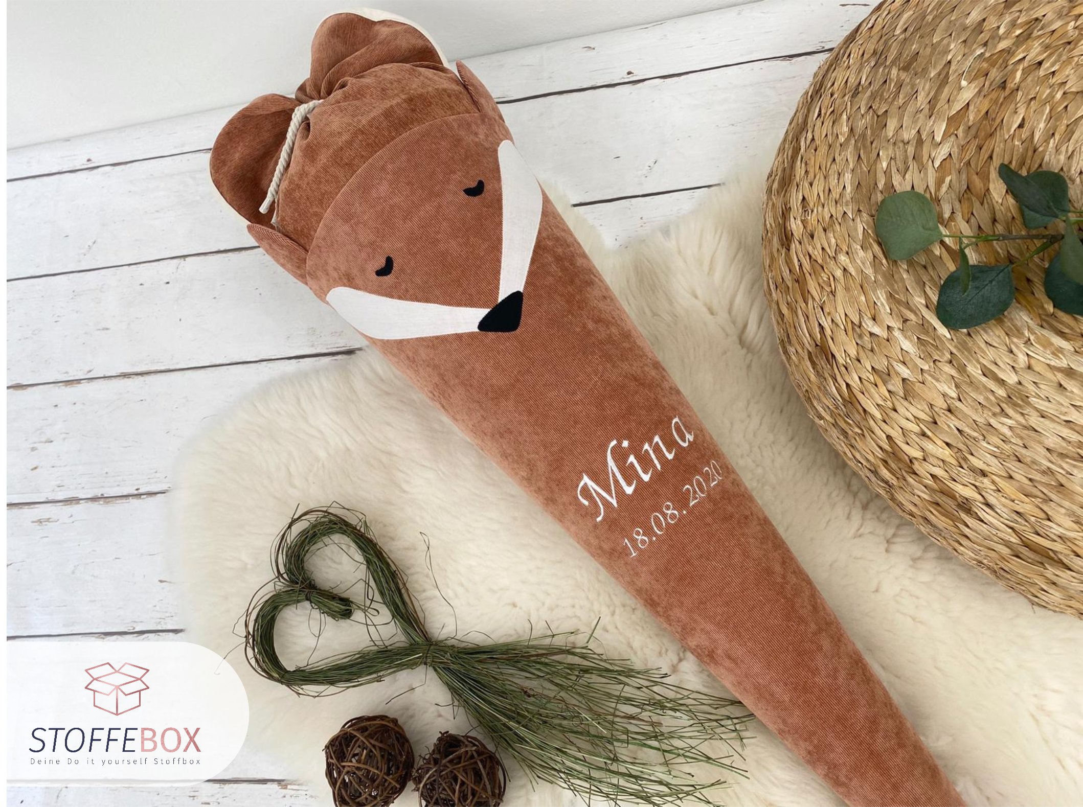 Schultüte aus Stoff mit Namen - Fuchs in rost (70cm, 85cm, 35cm) - Zuckertüte personalisiert, optional mit Kissen – Bild 2