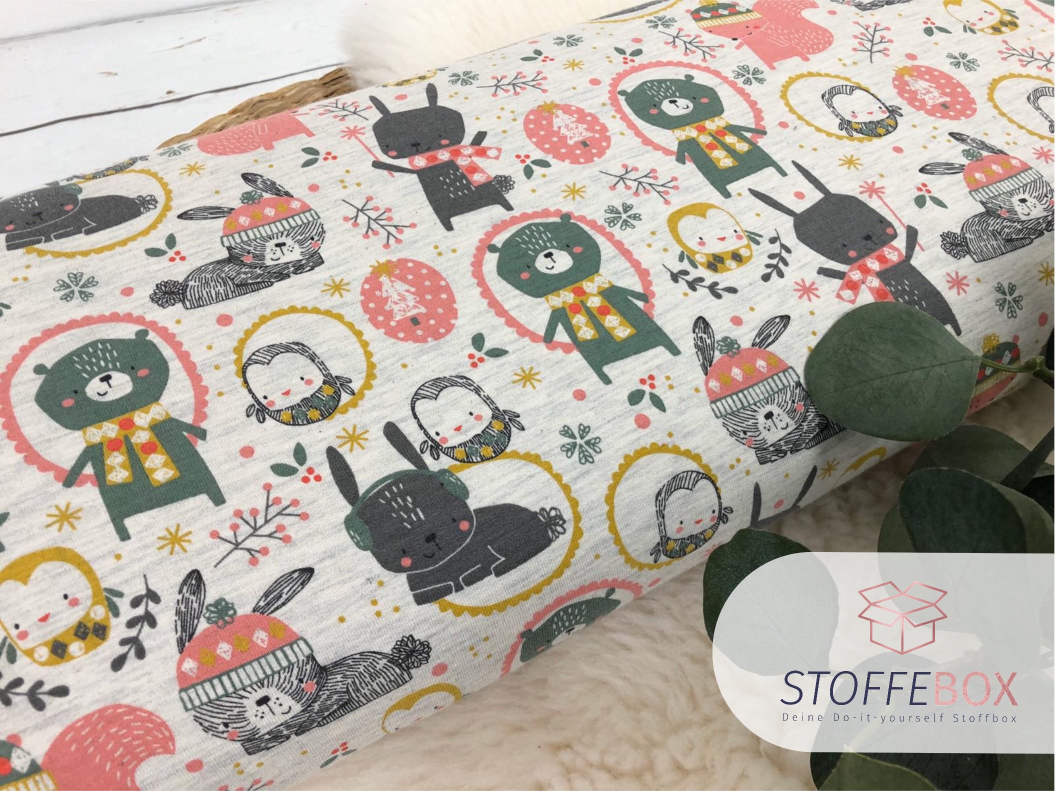 Reststück 90cm Sommersweat/French Terry Öko-Tex-100 - Hase/Bär/Einhörnchen (ecru/meliert) – Bild 2