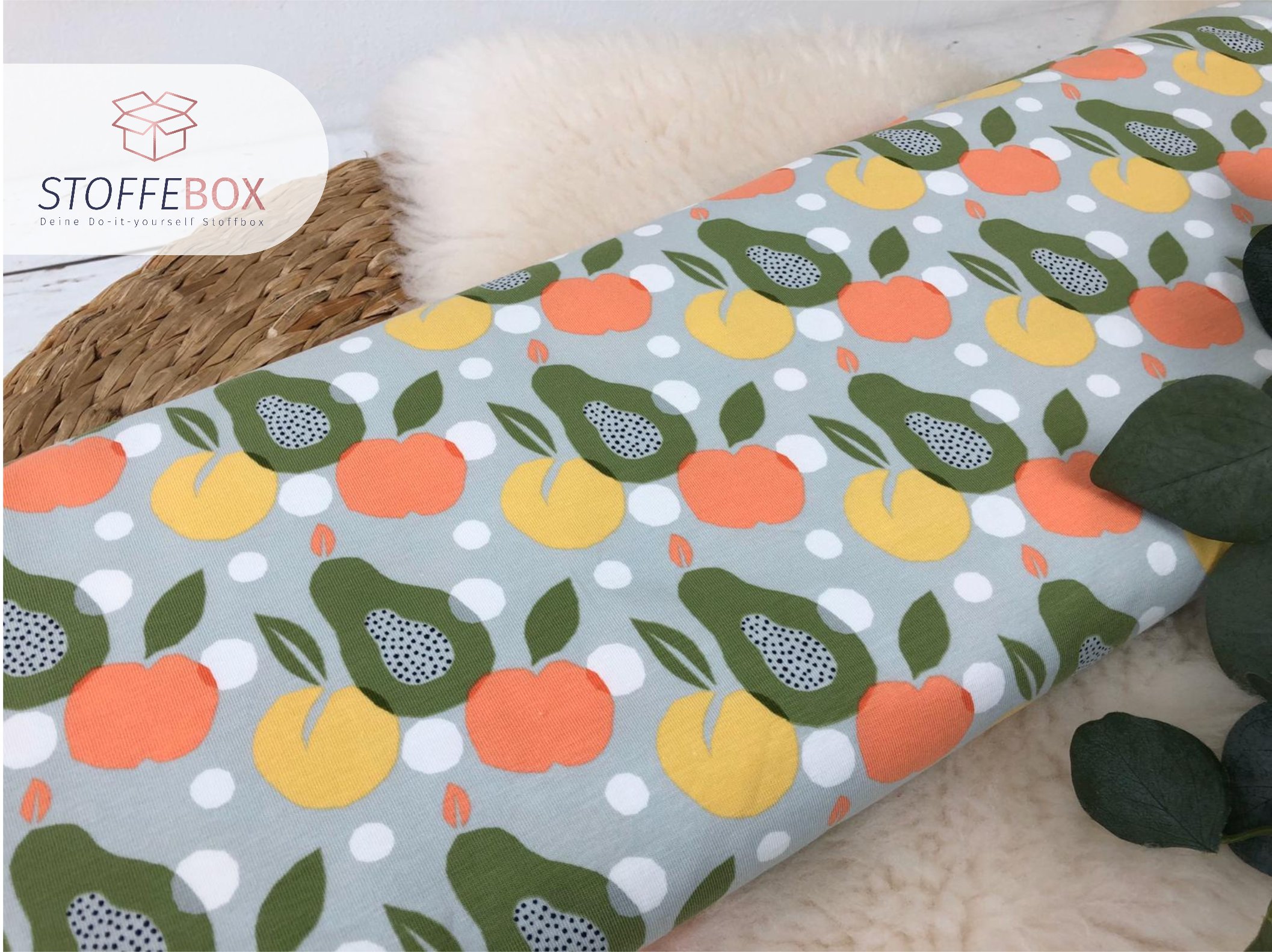 Reststück 65cm Bio Jersey / Organic - Obst Birne-Apfel (hellgrau / oliv / orange) – Bild 2