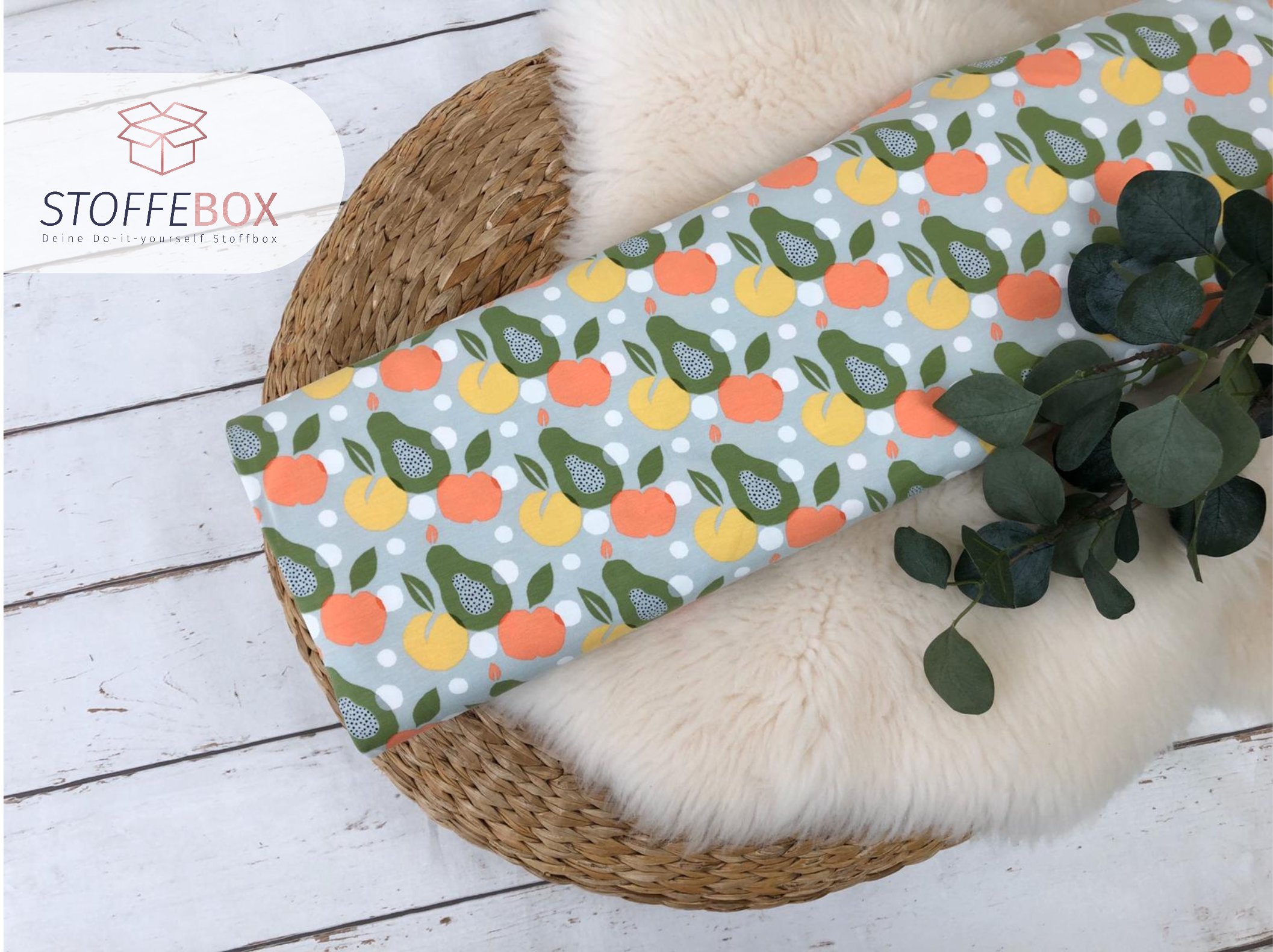 Reststück 65cm Bio Jersey / Organic - Obst Birne-Apfel (hellgrau / oliv / orange)