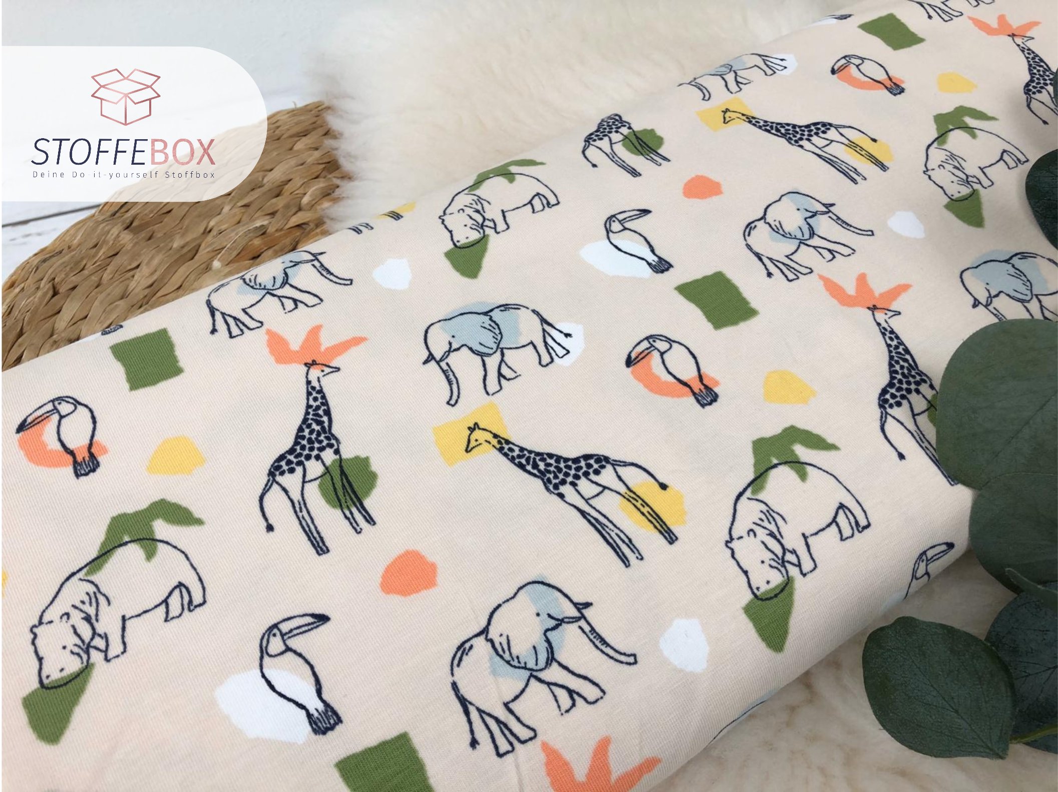 Reststück 60cm Bio Jersey / Organic - Tiere (Giraffe, Elefant, Tukan) (creme) – Bild 2