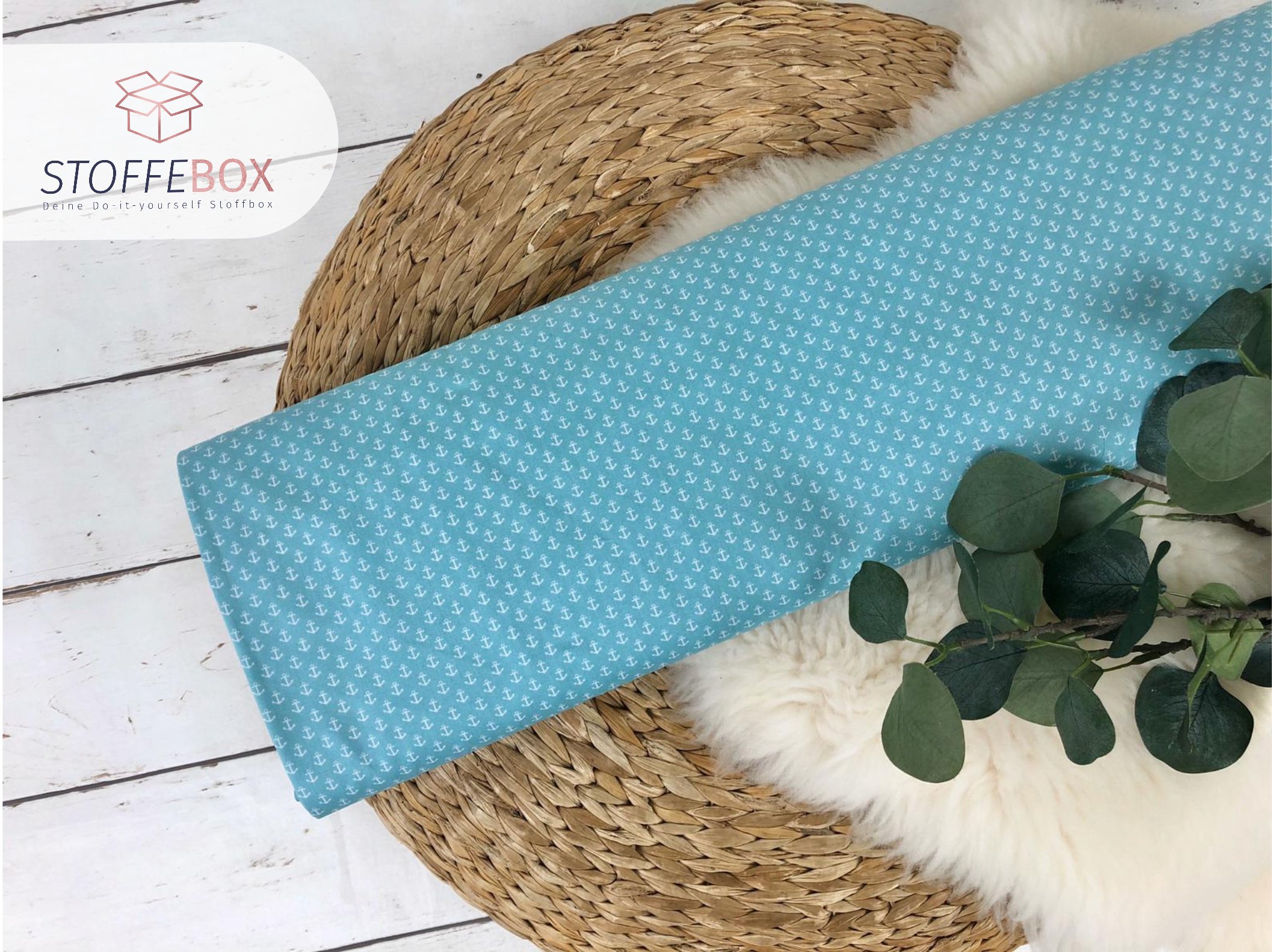 Reststück 45cm Webware / Baumwolle Öko-Tex-100 - mini weiße Anker (mint)