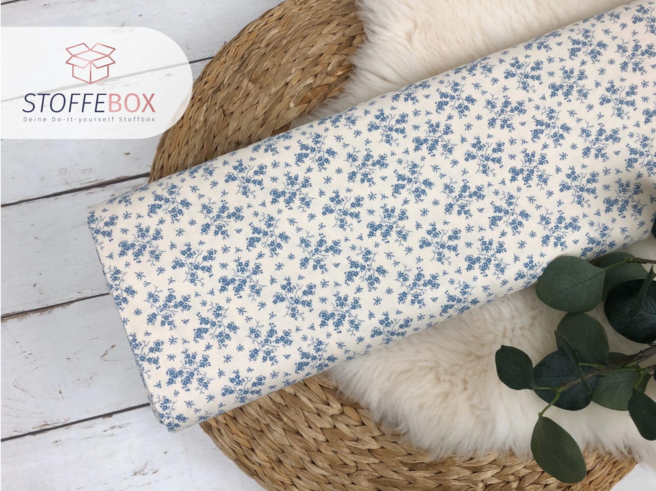 Webware / Baumwolle Öko-Tex-100 - mini Blumenranken (jeansblau/creme)