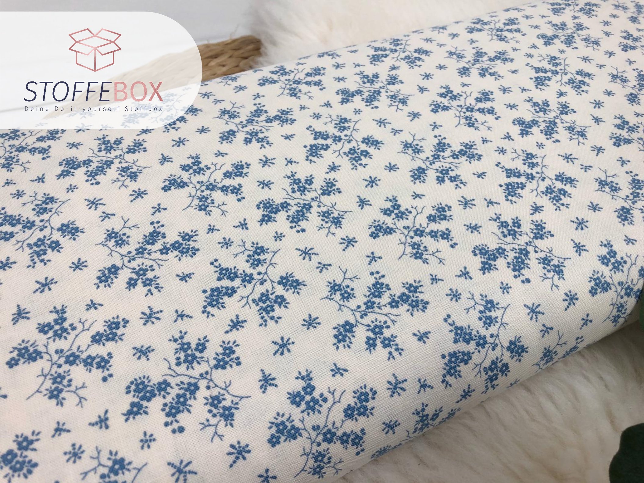 Webware / Baumwolle Öko-Tex-100 - mini Blumenranken (jeansblau/creme) – Bild 2