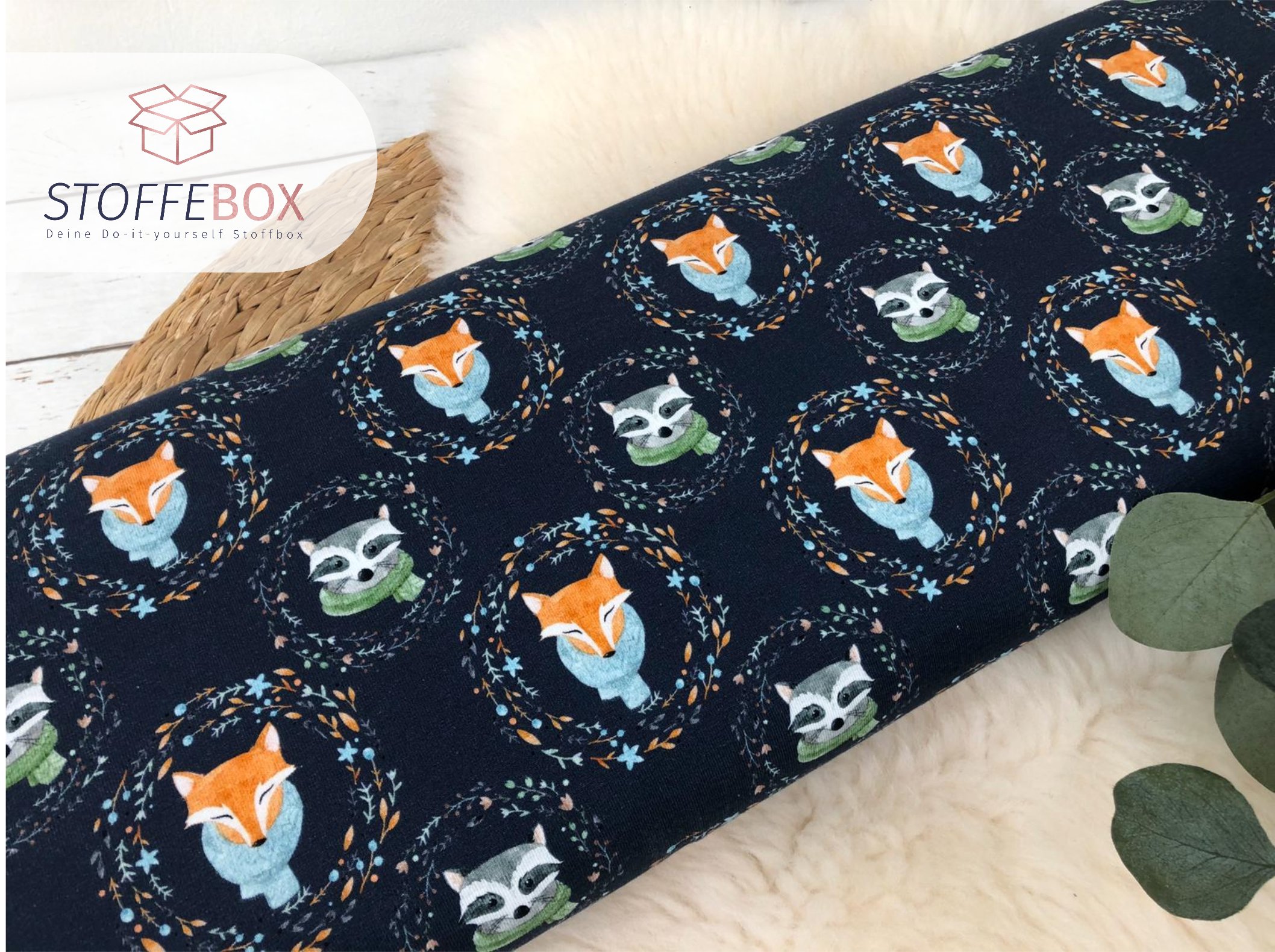 Reststück 25cm Jersey - Öko-Tex-100 - Waldtiere / Fuchs, Waschbär (dunkelblau/navy) – Bild 2