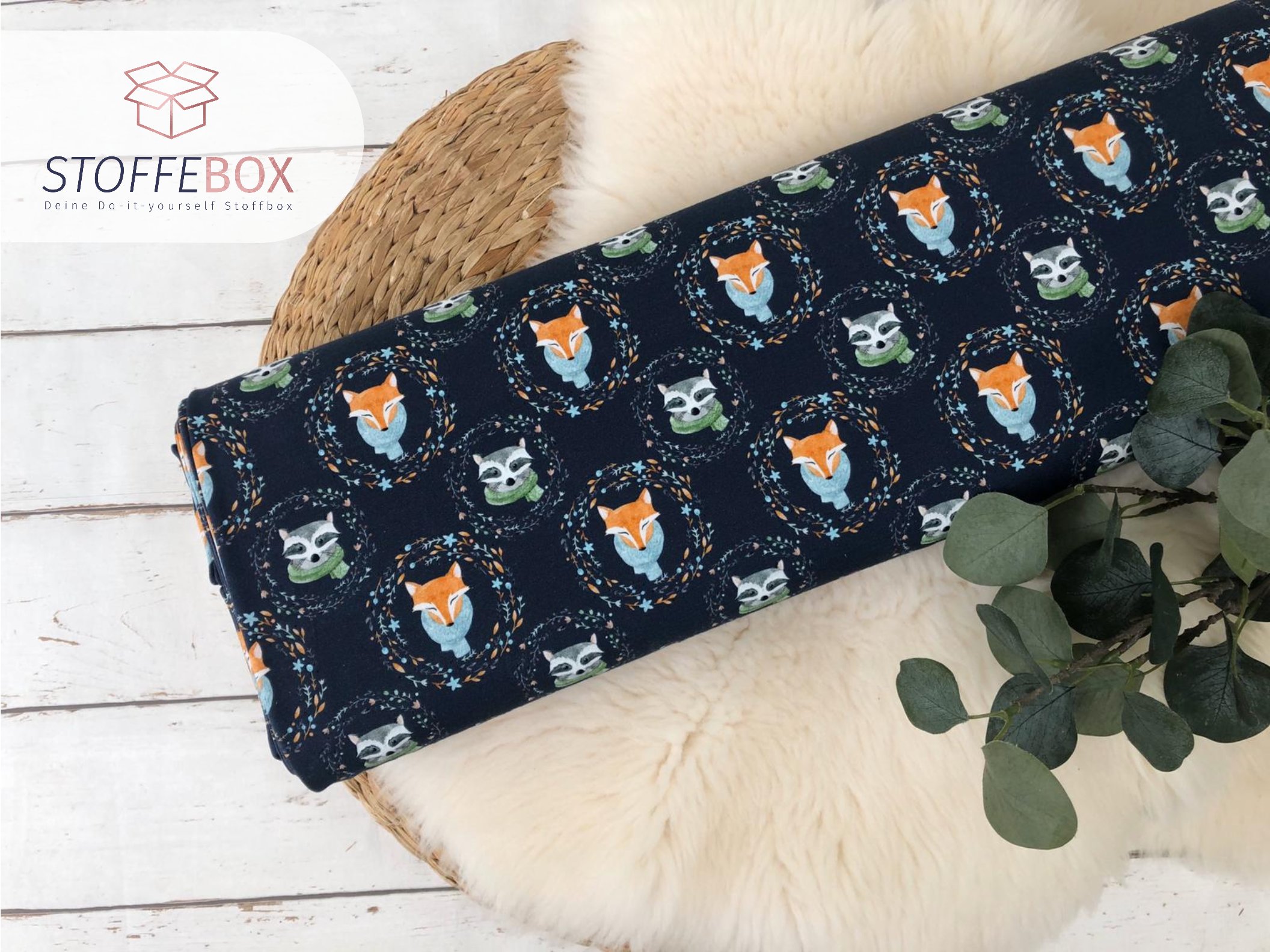 Reststück 25cm Jersey - Öko-Tex-100 - Waldtiere / Fuchs, Waschbär (dunkelblau/navy)