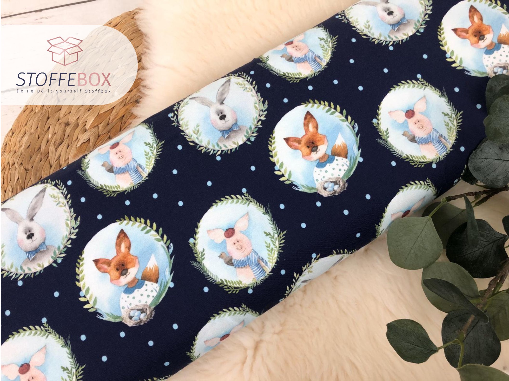 Reststück 95cm - Jersey - Öko-Tex-100 - Tiere (Ferkel / Fuchs / Hase) dunkelblau – Bild 2