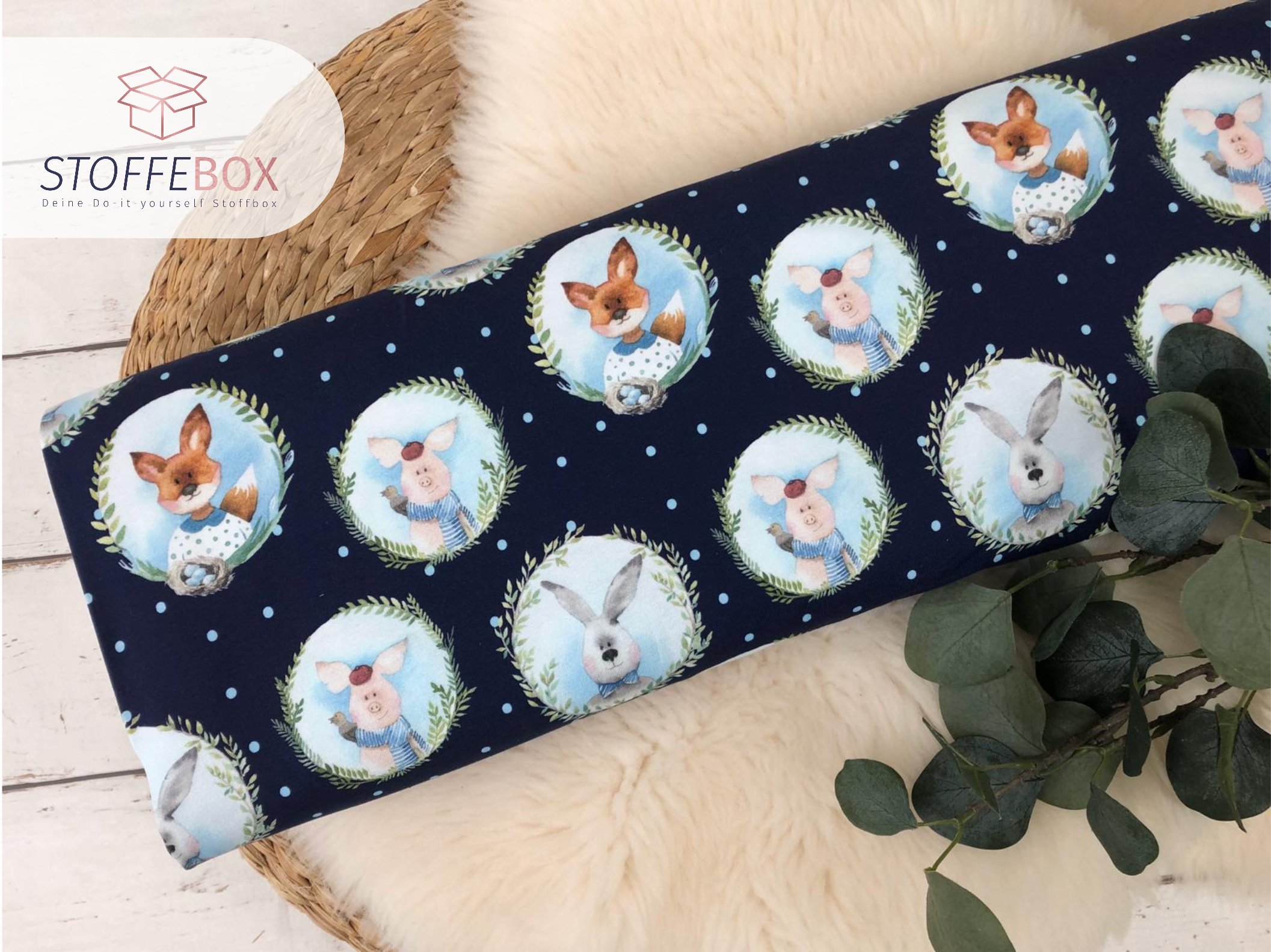 Reststück 95cm - Jersey - Öko-Tex-100 - Tiere (Ferkel / Fuchs / Hase) dunkelblau