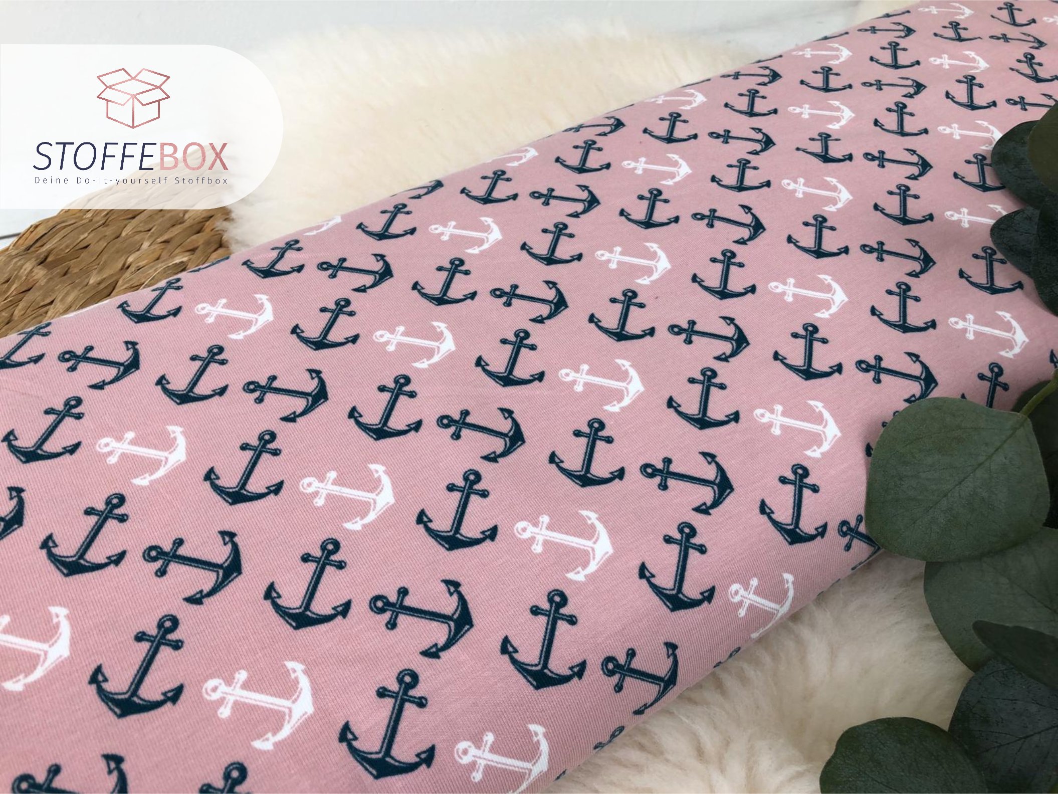 Reststück 70cm Jersey - Öko-Tex-100 - große Anker (rosa) – Bild 2