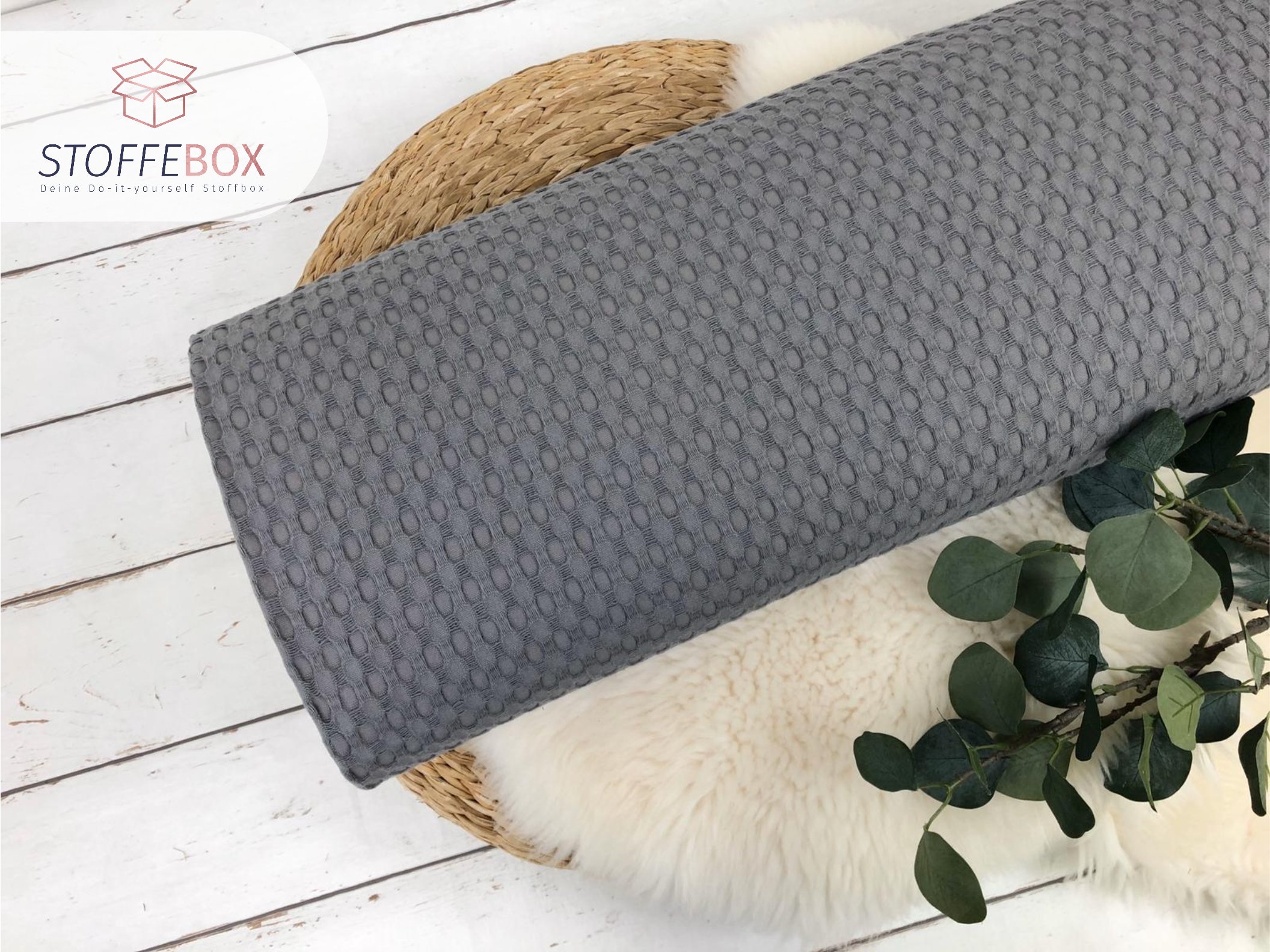 Reststück 40cm Waffelpique Stoff - Größe groß Uni grau - Öko-Tex-100