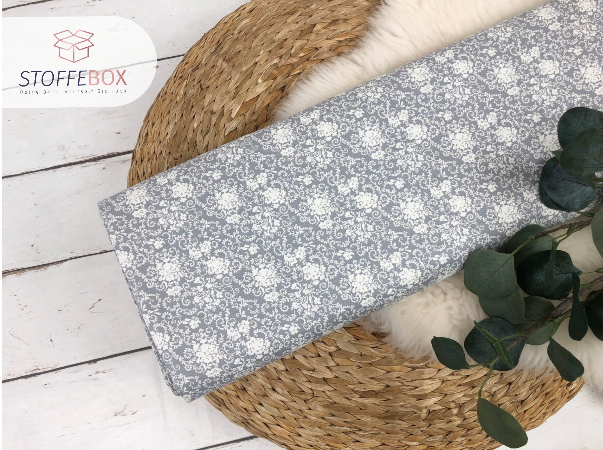 Webware / Baumwolle Öko-Tex-100 - Blumen (grau/creme)