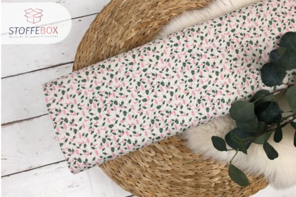 Webware / Baumwolle Öko-Tex-100 - mini Blätter/Vögel (rosa/grün/ecru)