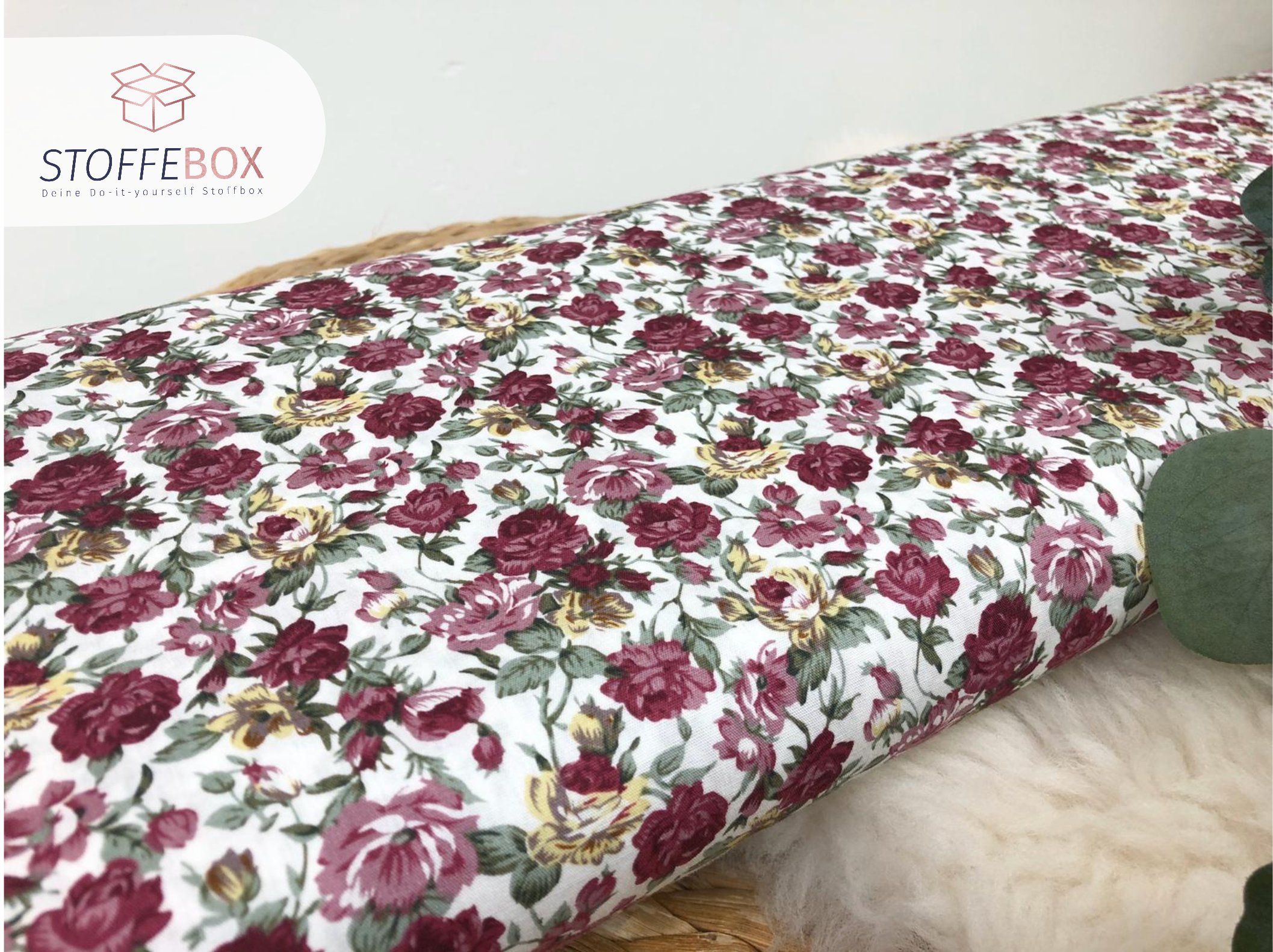 Webware / Baumwolle Öko-Tex-100 - Rosen (bordeaux/ecru) – Bild 2