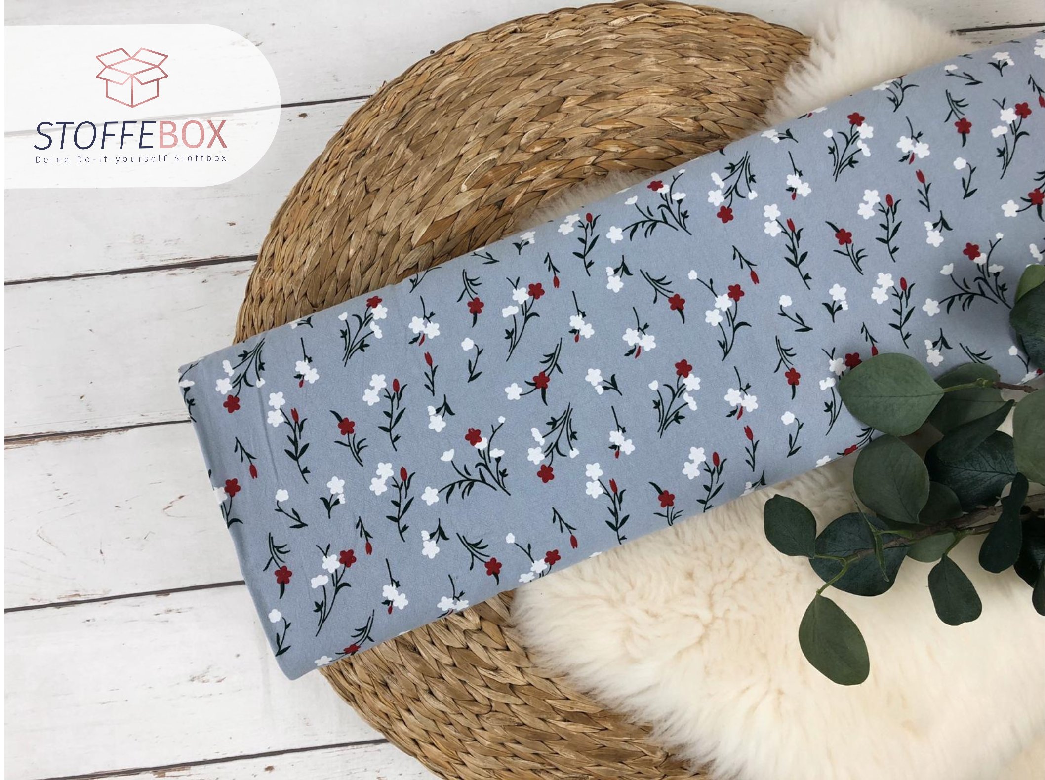 B-Ware Reststück 55cm gekochte Baumwolle / Webware Öko-Tex-100 - Blumenranken (grau)