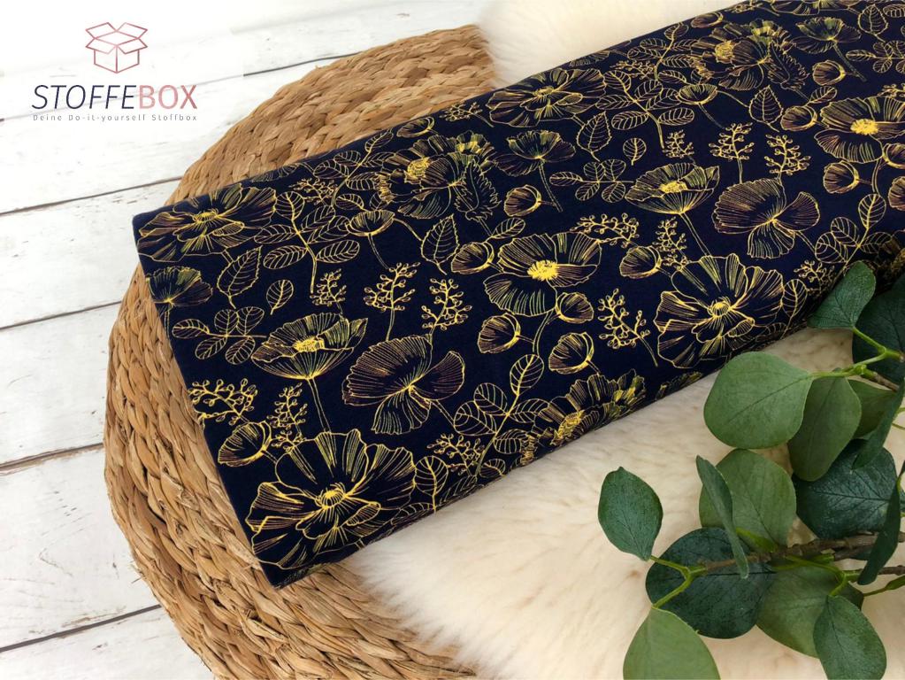Jersey Öko-Tex-100 - Blumen (dunkelblau/gelb)