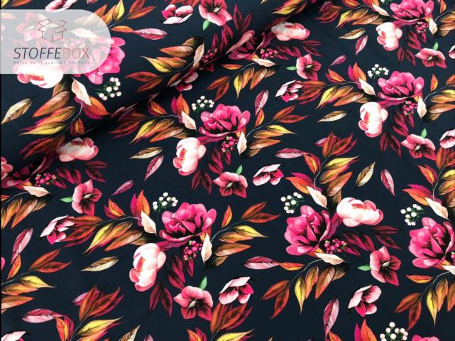 Reststück 70cm Jersey Flowers-Blumen-Rosen (dunkelblau/navy) – Bild 3
