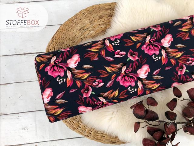 Reststück 70cm Jersey Flowers-Blumen-Rosen (dunkelblau/navy)