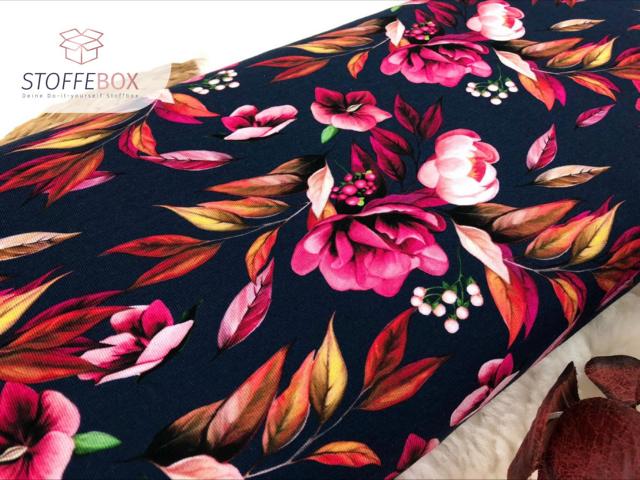 Reststück 70cm Jersey Flowers-Blumen-Rosen (dunkelblau/navy) – Bild 2