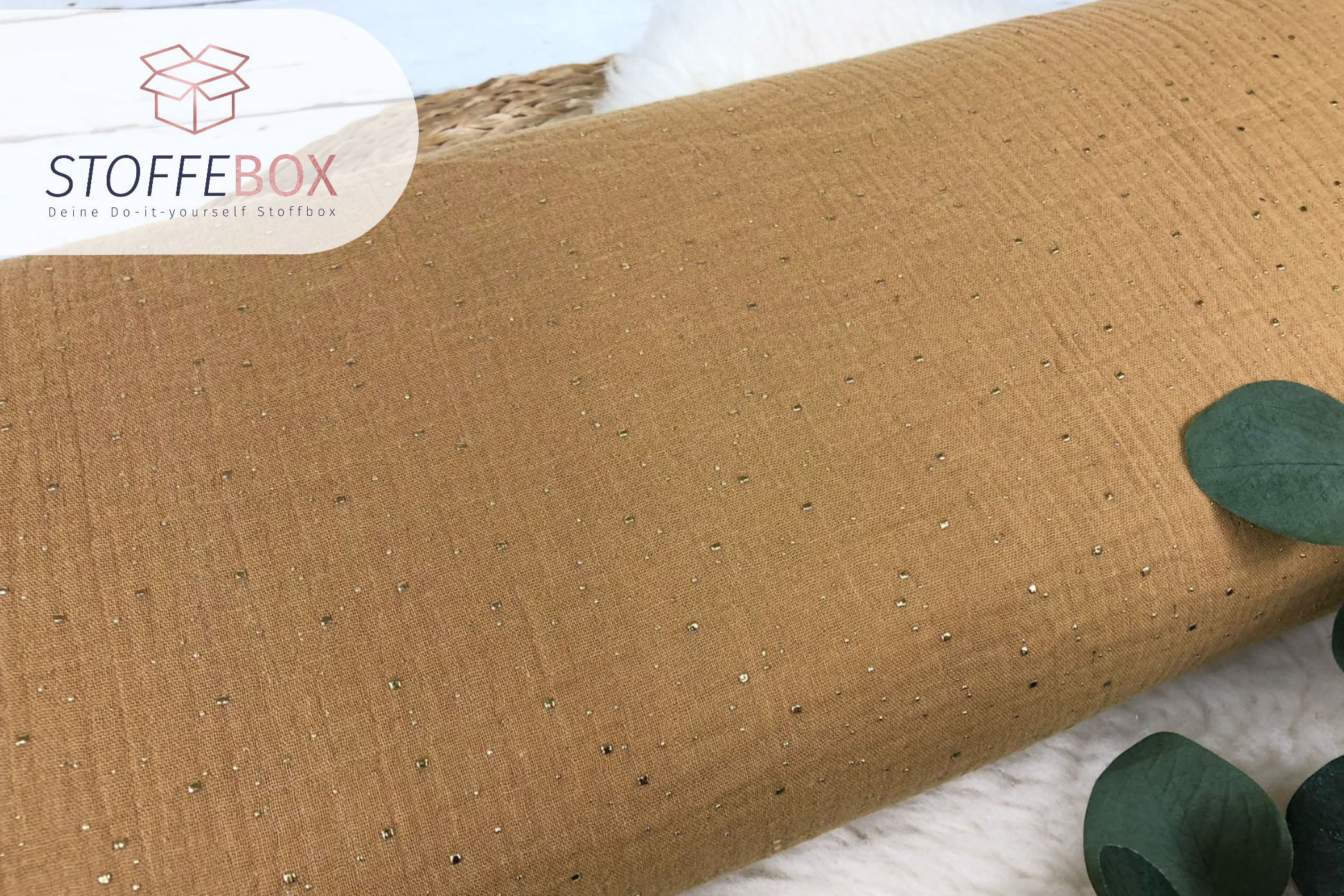 Musselin / Double Gauze goldene Tupfen / mini Punkte karamell - Öko-Tex 100