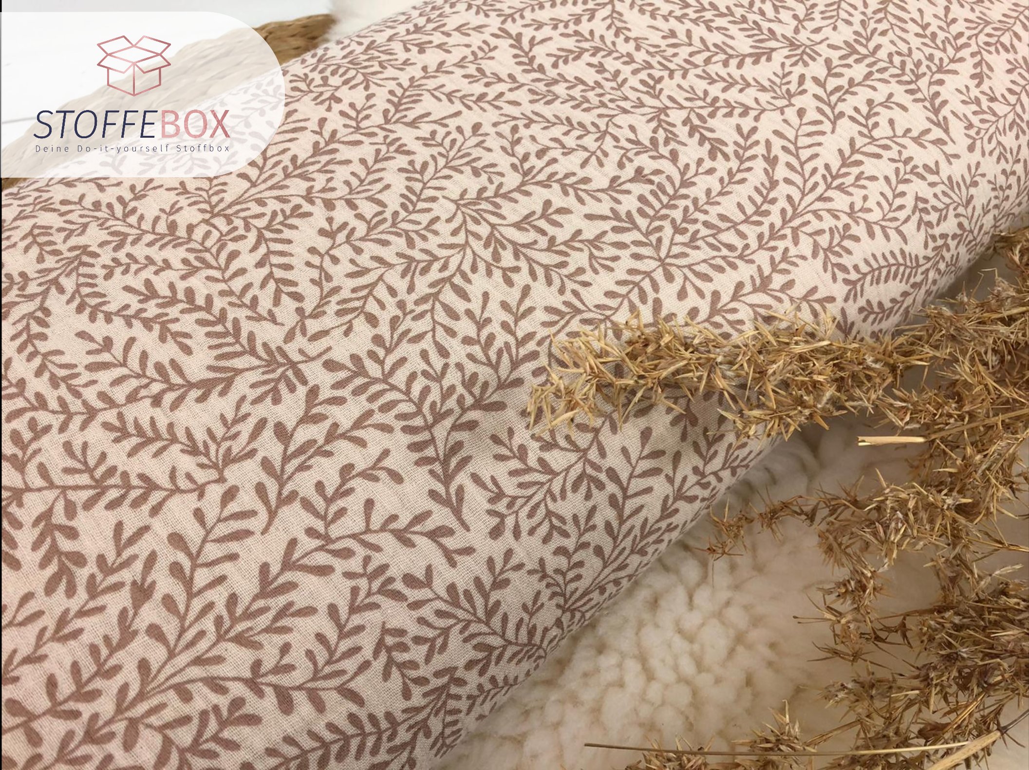 Reststück 60cm Bio Musselin / Double Gauze Blätterranken / Pflanzen (creme)