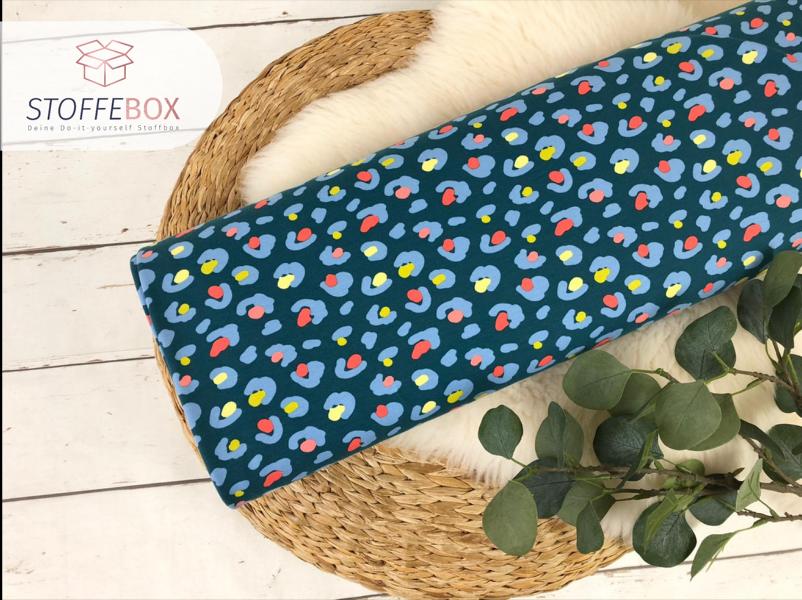 Reststück 50cm French Terry - Sommersweat - animalprint / Leomuster (dunkelpetrol/lachs/gelb)
