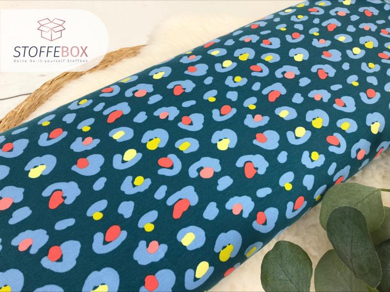 Reststück 50cm French Terry - Sommersweat - animalprint / Leomuster (dunkelpetrol/lachs/gelb) – Bild 2