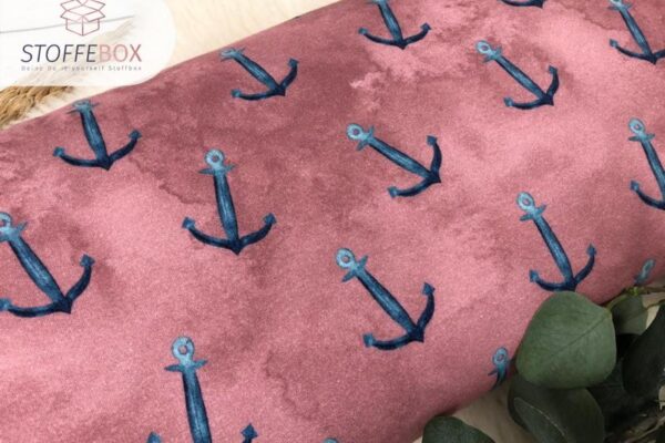 Reststück 80cm Bio Organic French Terry - Sommersweat / große Anker - Martitim Batik Optik altrosa