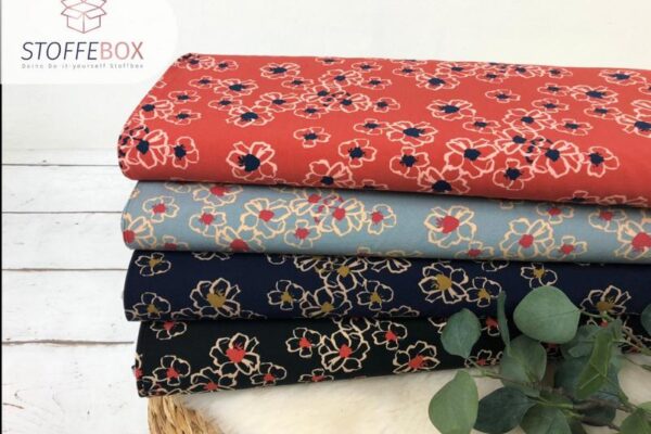 Viskose - Popeline - Abstrakte Blumen (helljeans - dunkelorange - schwarz - dunkelblau)