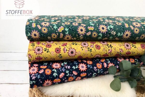 Jersey Öko-Tex-100 - Glitzer Flower/Blumen (senfgelb, dunkelblau, grün)