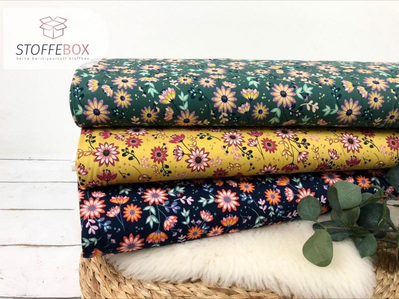 Jersey Öko-Tex-100 - Glitzer Flower/Blumen (senfgelb, dunkelblau, grün)