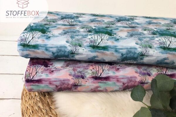 Viskosejersey - aquarell Tree / Bäume (blau-grün / rosa-beere)