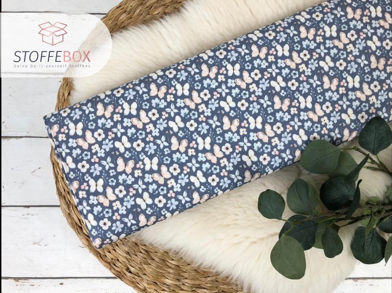 Popeline - Baumwolle/Webware - Schmetterlinge / Blümchen (ecru/grau/jeansblau) – Bild 2