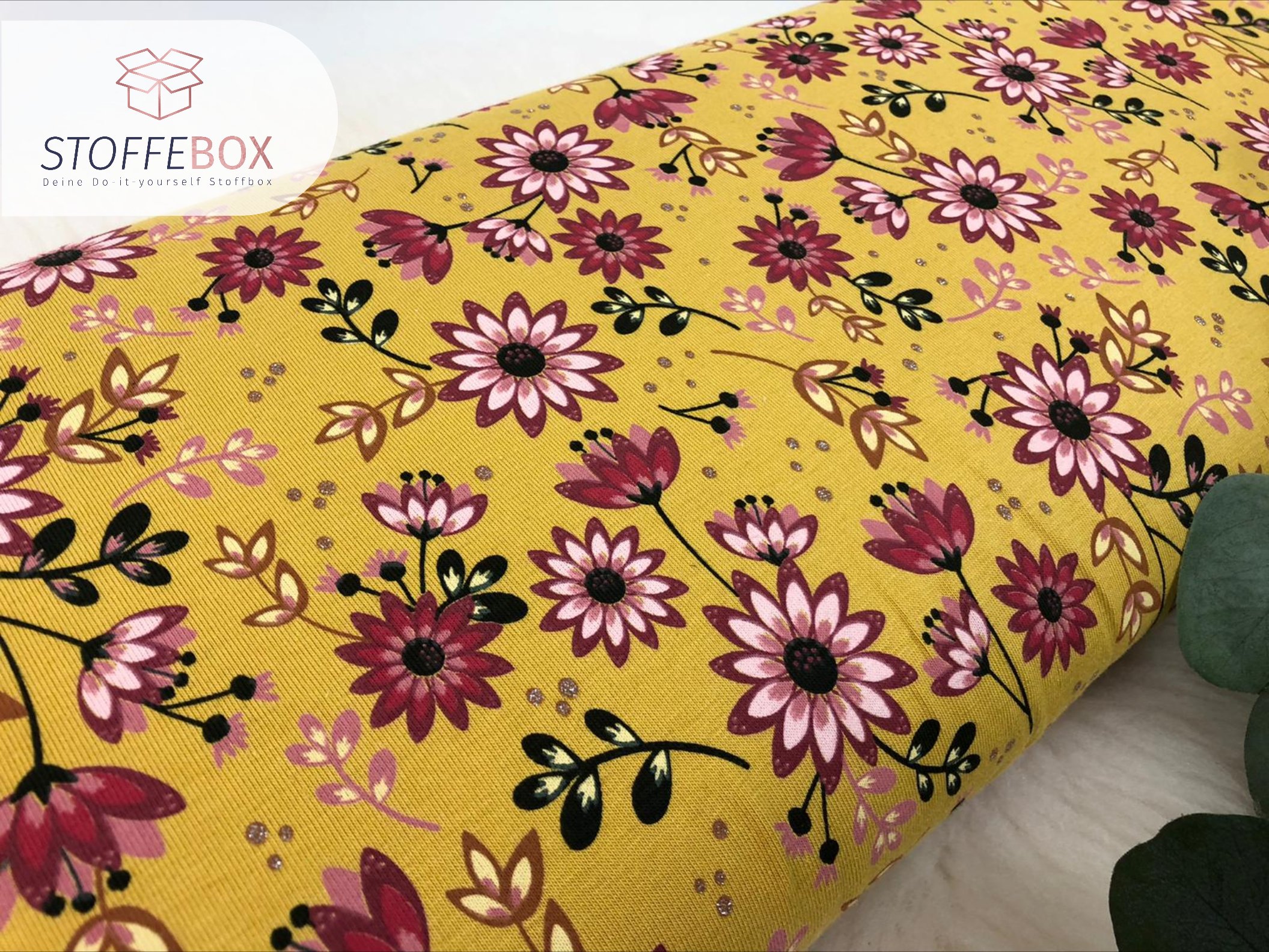 Jersey Öko-Tex-100 - Glitzer Flower/Blumen (senfgelb, dunkelblau, grün) – Bild 5