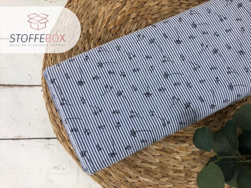 Seersucker - Baumwolle Öko-Tex-100 - gestickte Pflanzen - gestreift (weiß/blau)