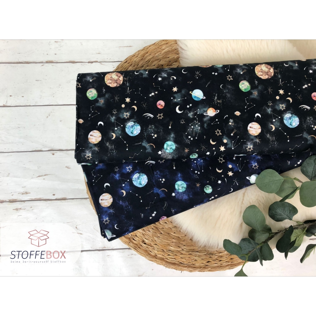 Webware/Baumwolle - Planeten / Galaxy / Universum (dunkelblau & schwarz)