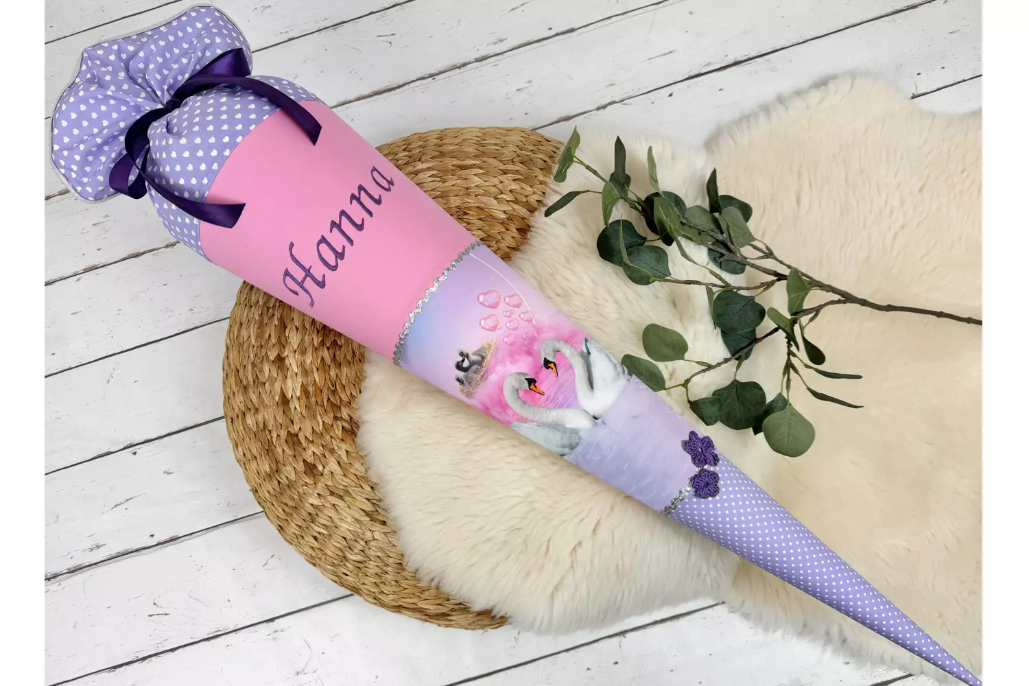 Schultüte mit Namen – Schwan in rosa, flieder (70cm, 85cm) – Bild 5
