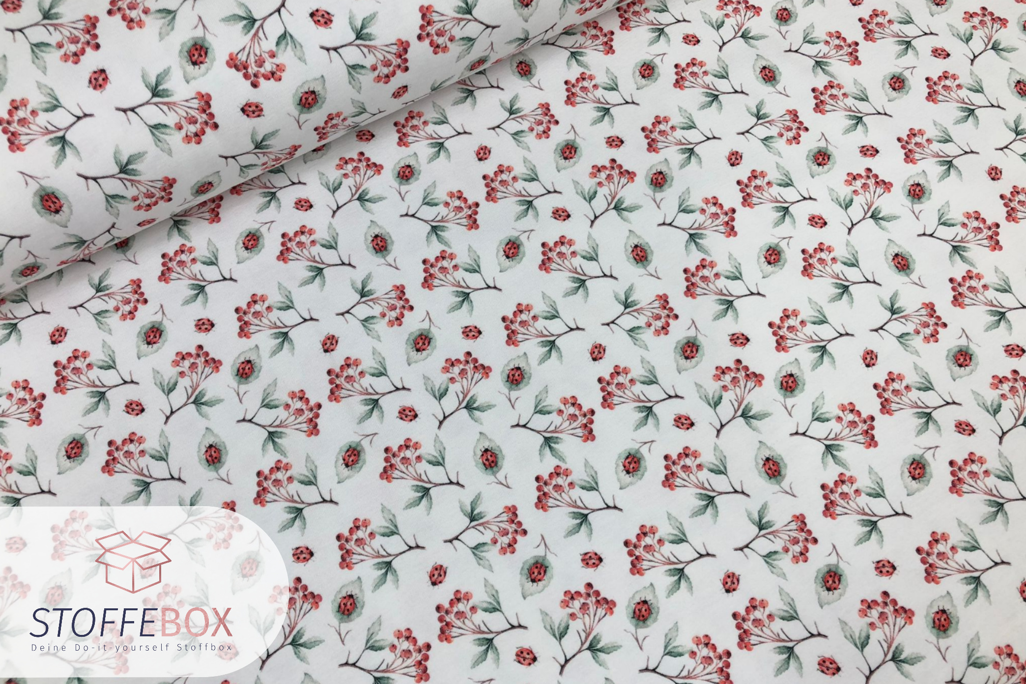 Baumwolljersey Jersey - Blumen Marienkäfer rote Beeren - Öko Tex 100
