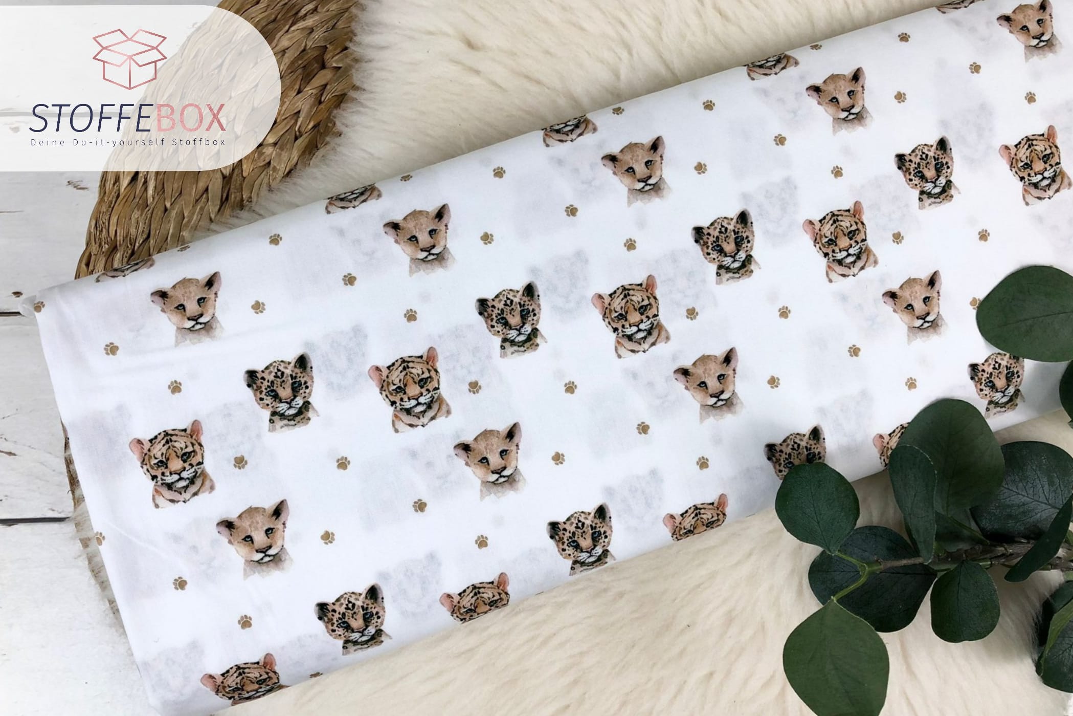 Reststück 35cm Webware, Baumwolle Popeline – Baby Tiger, Löwe – weiß Öko-Tex-100 – Bild 2