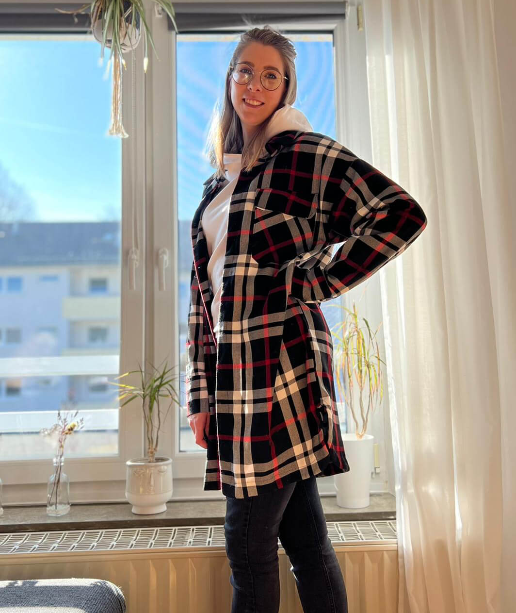 Tragebild Glencheck Blazer- Hosenstoff Karo stretch rot schwarz