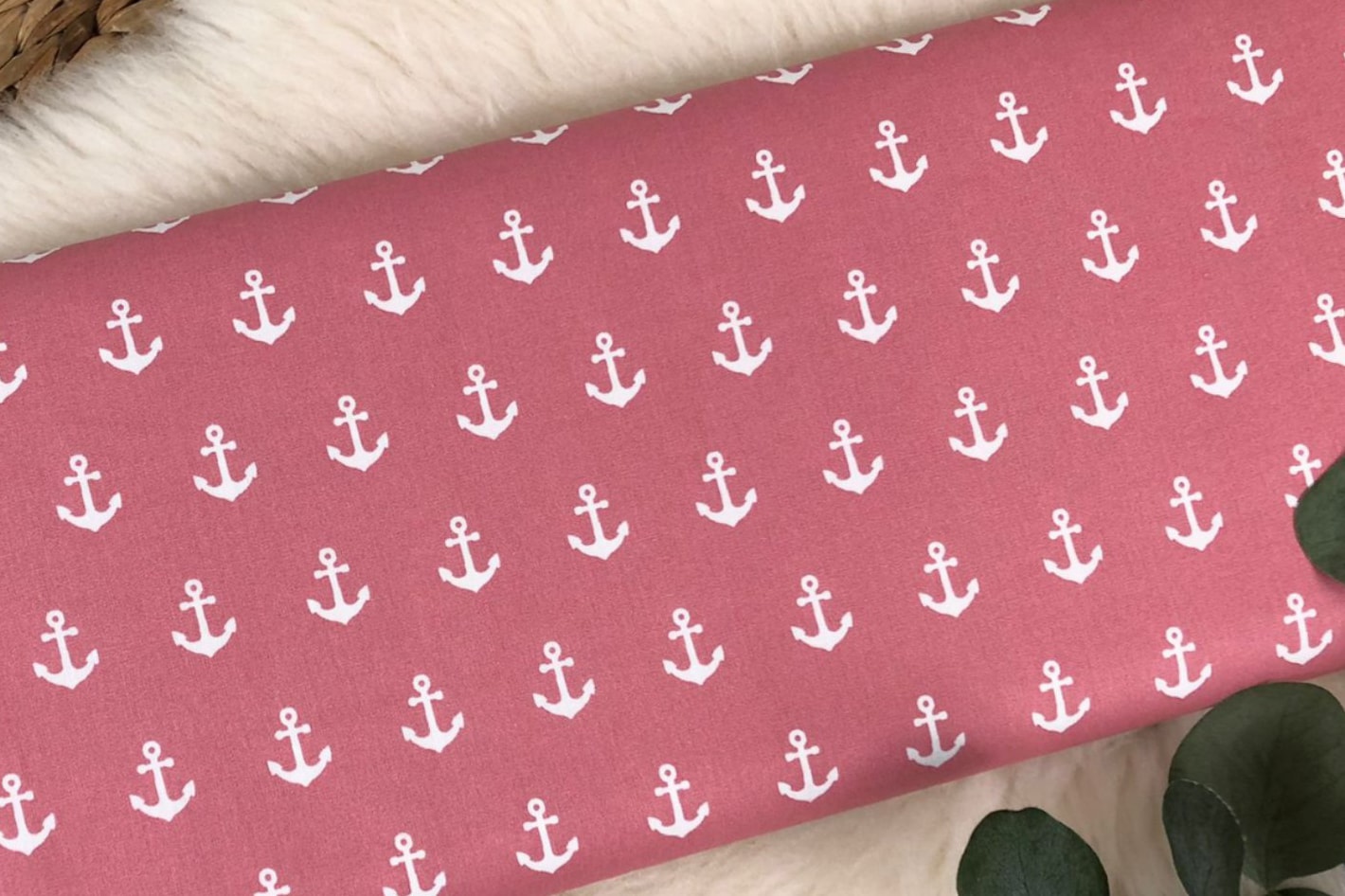 Webware, Baumwolle Popeline - Maritim - altrosa, weiße Anker