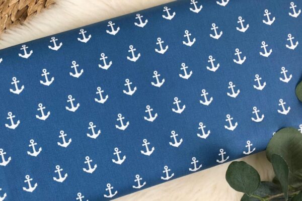 Webware, Baumwolle Popeline - Maritim - jeansblau, weiße Anker