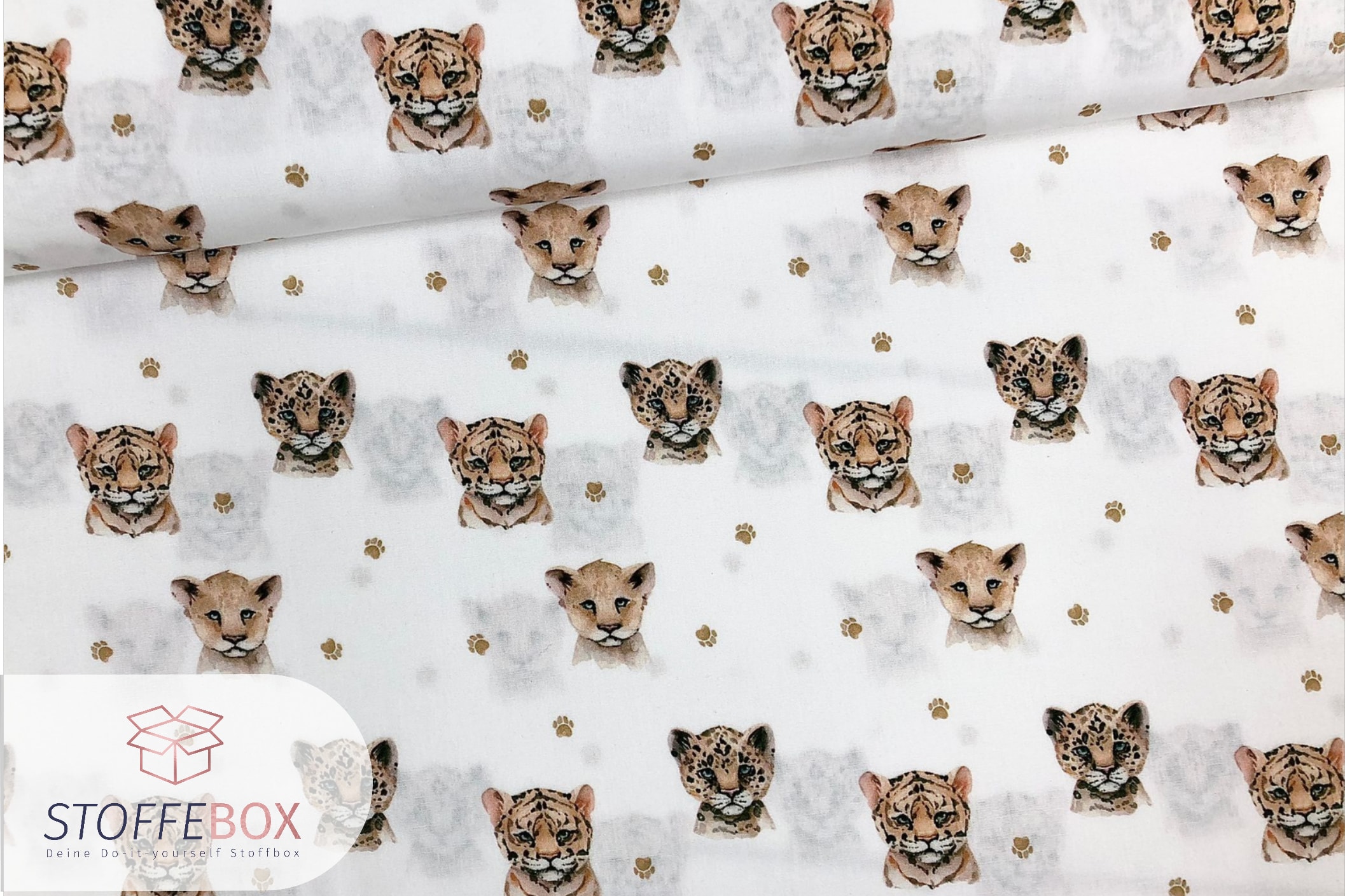 Popelin Stoff Baby Tiger Löwe weiß